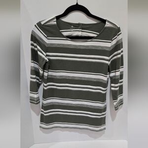 T by Talbots Sage Green White Striped Button-Back Knit Top 3/4 Sleeve SP